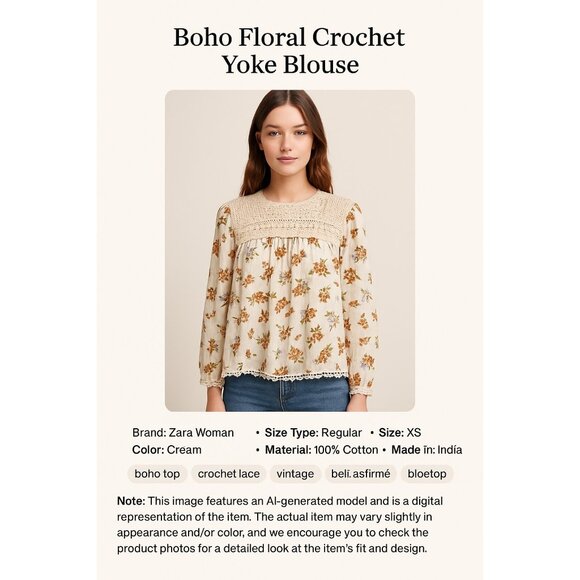 Zara Boho Floral Crochet Top Womens XS Cottagecore Fairy Romantic Blouse NWT - Picture 2 of 16